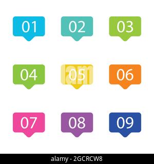 Numero punti elenco quadrato piatto su sfondo bianco. Colore colorato con numeri da 01 a 09 per il tuo progetto. Illustrazione vettoriale Illustrazione Vettoriale