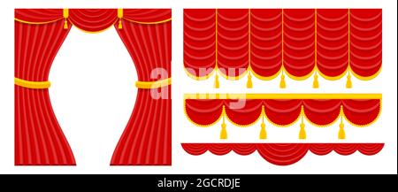 Tende con lambrinini sul palco del teatro, sala concerti. Illustrazione Vettoriale