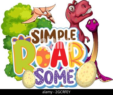 Semplice Roar qualche parola tipografia con Dinosaur gruppo cartoon illustrazione carattere Illustrazione Vettoriale