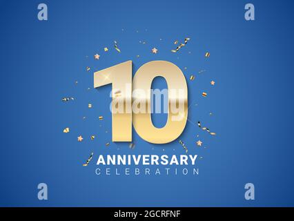 10 anniversario di fondo con numeri d'oro, confetti, stelle su sfondo blu luminoso. Illustrazione vettoriale EPS10 Illustrazione Vettoriale