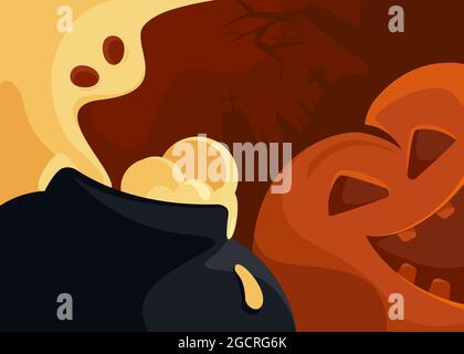 Banner astratto con ghost e testa di zucca. Halloween cartolina design in stile cartoon. Illustrazione Vettoriale