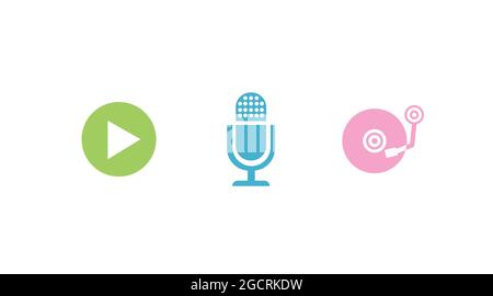 Set di icone musicali. Immagine piatta modificabile con isolamento vettoriale di un microfono, un giradischi e un pulsante di riproduzione Illustrazione Vettoriale