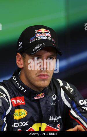 Pole sitter Sebastian Vettel (GER) Red Bull Racing nel post qualificante FIA Press Conference. Gran Premio d'Europa, sabato 23 giugno 2012. Valencia, Spagna. Foto Stock