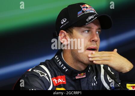 Pole sitter Sebastian Vettel (GER) Red Bull Racing nel post qualificante FIA Press Conference. Gran Premio d'Europa, sabato 23 giugno 2012. Valencia, Spagna. Foto Stock