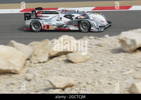 Tom Kristensen (DEN) / Loic Duval (fra) / Allan McNish (GBR) Audi Sport Team Joest, Audi R18 e-tron quattro. Campionato Mondiale FIA Endurance, turno 8, giovedì 28 novembre 2013. Sakhir, Bahrein. Foto Stock