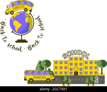 Insieme di due composizioni con divertente autobus giallo scuola, edificio scolastico, globo e tipografia isolati su sfondo trasparente Illustrazione Vettoriale