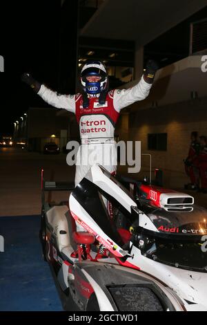 02 Audi Sport Team Joest Audi R18 e-tron quattro Hybrid festeggia a parc ferme. Campionato mondiale FIA Endurance, Rd 4, 6 ore di circuito delle Americhe. Sabato 20 settembre 2014. Austin, Texas, Stati Uniti. Foto Stock