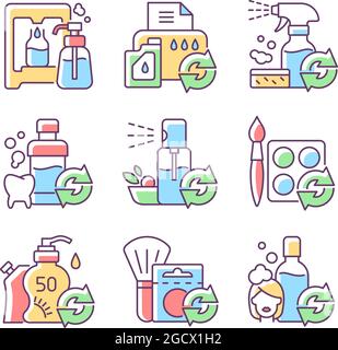 Set di icone a colori RGB per prodotti riutilizzabili Illustrazione Vettoriale