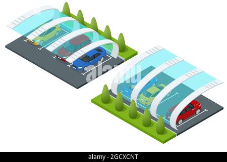 Tetto di strada isometrico del parcheggio esterno. Garage esterno con auto e parcheggio libero nell'edificio del parcheggio Illustrazione Vettoriale