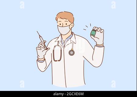 Concetto di vaccinazione, medico e medicina. Giovane uomo sorridente medico in maschera medica e uniforme tenuta in piedi siringa pronta per fare l'illustrazione del vettore di iniezione Illustrazione Vettoriale