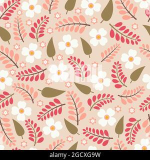 Design moderno e alla moda con motivo floreale senza cuciture. Eleganti fiori in fiore ripetitivi e fondo fogliame per stampa e tessuti Illustrazione Vettoriale