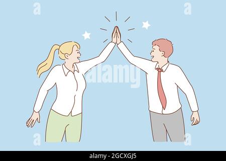 Dare cinque e il concetto di collaborazione. Giovani uomini e donne positivi cartoni animati partner commerciali in piedi dandosi cinque a vicenda lavorando in squadra cooperando nel lavoro Illustrazione Vettoriale