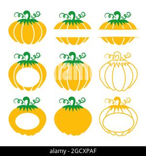 Cornici di zucca, diversi logo Monogramma di zucca con spazio libero. Felice Halloween, felice ringraziamento. Illustrazione vettoriale. Isolato su sfondo bianco. Illustrazione Vettoriale