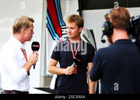 (Da L a R): Simon Lazenby (GBR) Presentazione TV Sky Sports F1 con Nico Rosberg (GER). Gran Premio del Giappone, sabato 7 ottobre 2017. Suzuka, Giappone. Foto Stock