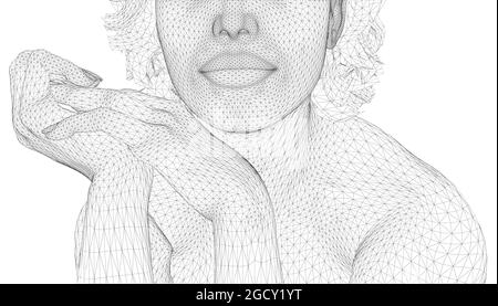Wireframe di ragazza faccia mezzo nascosto isolato su sfondo bianco. 3D. Illustrazione vettoriale. Illustrazione Vettoriale