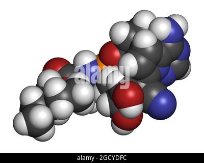 Molecola di farmaco antivirale di Remdesivir. Rendering 3D. Foto Stock