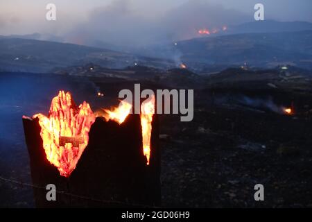 Vasto arson vicino alla città di Gangi in provincia di Palermo in Sicilia. Molte colture di campi agricoli e boschi bruciati, automobili degli agricoltori e persino animali da allevamento bruciati dalle fiamme. Foto Stock