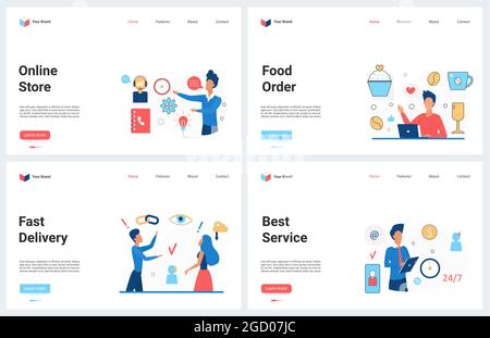 Acquisto online, ordinazione di prodotti alimentari tramite l'app per il negozio di telefonia mobile, illustrazione vettoriale ecommerce. Cartoon concetto moderno landing page insieme con consegna rapida a casa, miglior servizio di negozio internet Illustrazione Vettoriale
