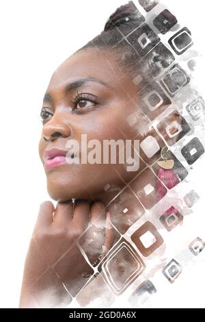 Pittura. Elegante ritratto di una donna afro-americana attraente combinato con un quadro astratto Foto Stock