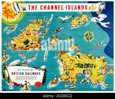 Poster Vintage British Railways Mappa illustrata delle Isole del canale. Opera di Frederick Griffin. anni '50. Foto Stock