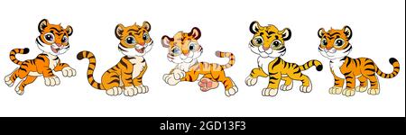 Set di cinque graziosi cuccioli di tigre cartoni animati. Illustrazione vettoriale isolata. Per cartoline, poster, design per vivai, biglietti d'auguri, adesivi, arredamento della camera, festa, Illustrazione Vettoriale
