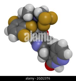 Molecola di farmaco di emicrania di Atogepant (inibitore di CGRP). Rendering 3D. Foto Stock