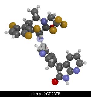 Molecola di farmaco di emicrania di Atogepant (inibitore di CGRP). Rendering 3D. Foto Stock