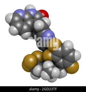 Molecola di farmaco di emicrania di Atogepant (inibitore di CGRP). Rendering 3D. Foto Stock