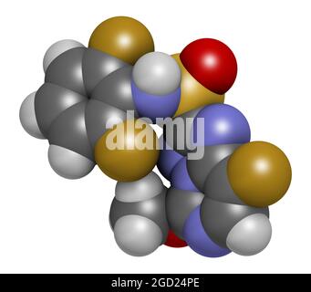 Molecola erbicida di florasulam. Rendering 3D. Foto Stock