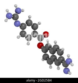 Molecola di farmaco di Nafamostat (inibitore della serina proteasi). Rendering 3D. Foto Stock