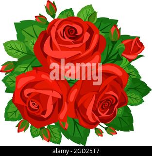Bouquet di rose rosse con gemme isolate su sfondo bianco Illustrazione Vettoriale