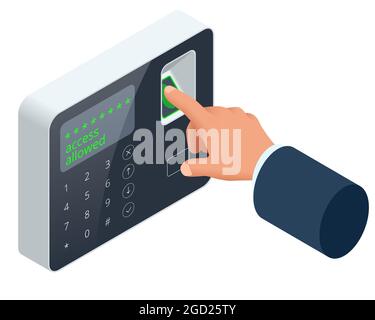 Scansione isometrica delle impronte digitali per il sistema di sicurezza di accesso, controllo biometrico dell'accesso. Identificazione della scansione digitale a sfioramento o autenticazione elettronica del sensore Illustrazione Vettoriale