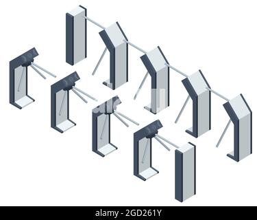 Tornello isometrico. Apparecchiature di controllo dell'accesso. Tornelli di accesso con scheda magnetica. Tornello elettronico. Punto di verifica automatico. Sicurezza degli edifici Illustrazione Vettoriale