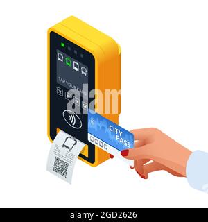 Mano isometrica che utilizza il biglietto cartaceo per smart card per pagare il denaro per il trasporto presso il chiosco di pagamento. Carta per biglietti elettronici per viaggiatori. Validatore giallo Illustrazione Vettoriale