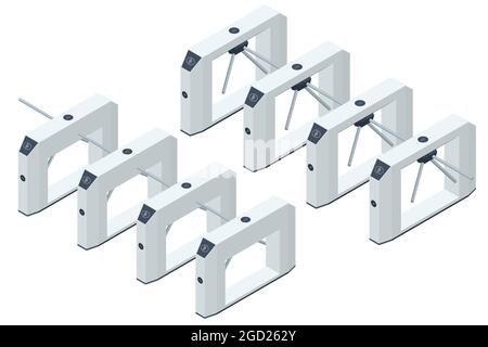 Tornello isometrico. Apparecchiature di controllo dell'accesso. Tornelli di accesso con scheda magnetica. Tornello elettronico. Punto di verifica automatico. Sicurezza degli edifici Illustrazione Vettoriale
