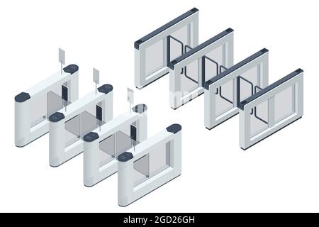 Tornello isometrico. Apparecchiature di controllo dell'accesso. Tornelli di accesso con scheda magnetica. Tornello elettronico. Punto di verifica automatico. Sicurezza degli edifici Illustrazione Vettoriale