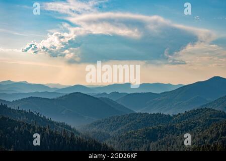 Vista delle montagne Siskiyou dal Cliff Nature Trail all'Oregon Caves National Monument, Oregon meridionale. Foto Stock