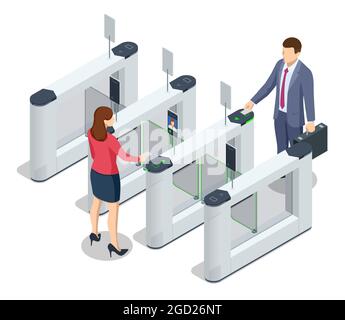 Tornello isometrico. Apparecchiature di controllo dell'accesso. Tornelli di accesso con scheda magnetica. Tornello elettronico. Punto di verifica automatico. Sicurezza degli edifici Illustrazione Vettoriale