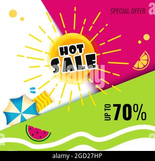 Bright Vendita modello banner design con sole estivo. Texte sur Hot saldi. Illustrazione Vettoriale