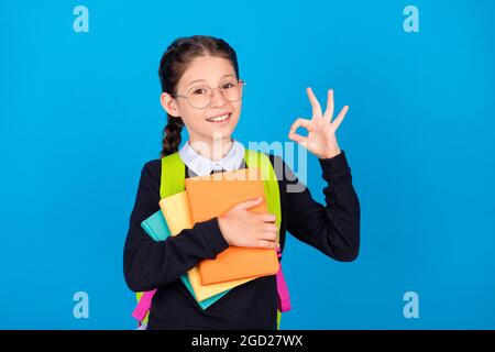Foto di sorridente buon umore Charming schoolgirl tenere libri mostra ok segno gesto isolato su sfondo di colore blu. Foto Stock