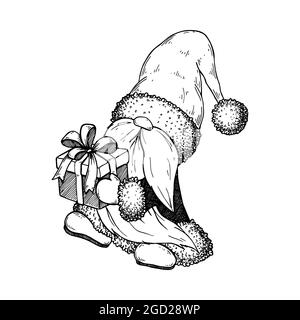 Gnomo di Natale disegnato a mano in costume di Babbo Natale con scatola regalo. Illustrazione vettoriale nello stile di schizzo Illustrazione Vettoriale