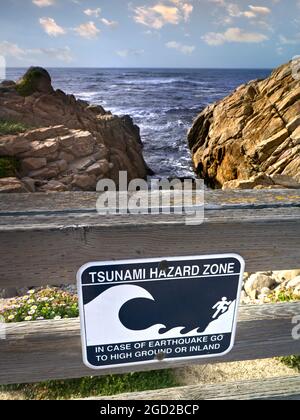 CALIFORNIA Tsunami segno terremoto zona di pericolo segnale sulla costa 17 miglia Drive Pacific Grove Pebble Beach Monterey California USA Foto Stock