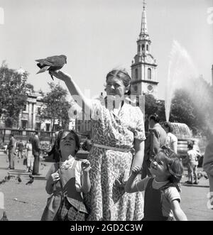 Anni '50, storico, diurno e una madre con i suoi due figli piccoli a Trafalgar Square, Londra, Inghilterra, Regno Unito. La signora ha un piccione seduto sul palmo della sua mano estesa, mentre le sue due figlie guardano in su in stupore alla loro mamma coraggiosa. Foto Stock