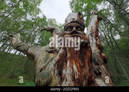 Frank Bruce Sculpture Trail, Feshie Bridge, Lower Glen Feshie, Aviemore, Highlands, Scozia. Foto Stock