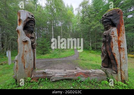 Frank Bruce Sculpture Trail, Feshie Bridge, Lower Glen Feshie, Aviemore, Highlands, Scozia. Foto Stock