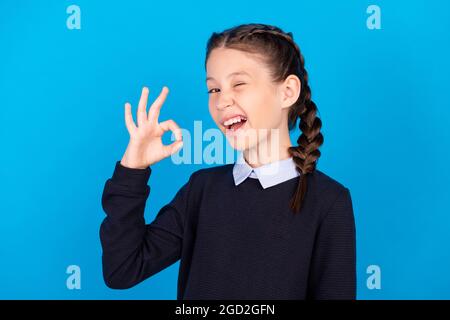 Ritratto di giovane allegro sorridente buon umore ragazza mostra ok segno Wink occhio lampeggiante isolato su sfondo blu colore. Foto Stock