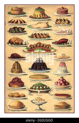 La litografia a colori del 1890 del Libro dei Cookery di Mrs Beetons che illustra la varietà di divertenti cibi vittoriani di Natale, tra cui budini e carni di torte. Scansione ad alta risoluzione migliorata e rimasterizzata da una piastra cromatica litografica originale del libro dei biscotti MRS Beeton del 1890 che illustra una varietà di prodotti alimentari vittoriani popolari Foto Stock