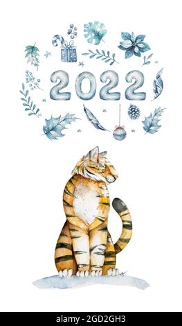 Modello senza giunture con tigri esotiche Animals.Cute. Natura giungla modello. Stile infantile. Simbolo di 2022. Illustrazione di acquerello disegnata a mano Foto Stock