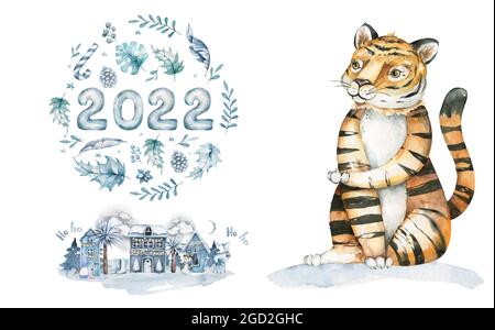 Modello senza giunture con tigri esotiche Animals.Cute. Natura giungla modello. Stile infantile. Simbolo di 2022. Illustrazione di acquerello disegnata a mano Foto Stock