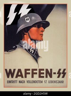 WAFFEN SS WW2 POSTER DI PROPAGANDA 1940 Poster di propaganda tedesca in tempo di guerra per il famigerato poster di reclutamento tedesco delle SS Waffen naziste, stampato da Obpacher AG, Monaco di Baviera, 1940 (colore litho) Foto Stock